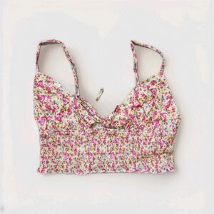 Garage Floral Tie Front Crop Top Smocked Back Strappy V Neck Yellow Pink L EUC